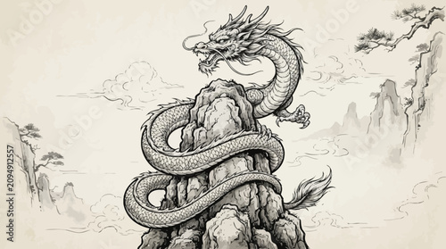 Chinese dragon statue on mountain peak.