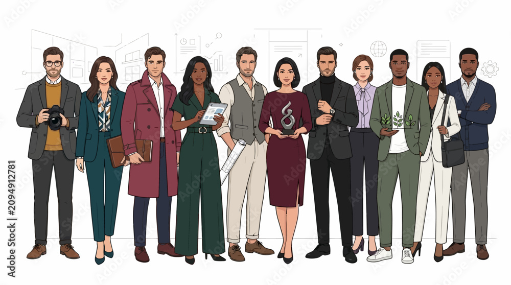 Obraz premium Diverse Professional Team Standing Together in Modern Business Attire for Corporate Networking and Success Concept