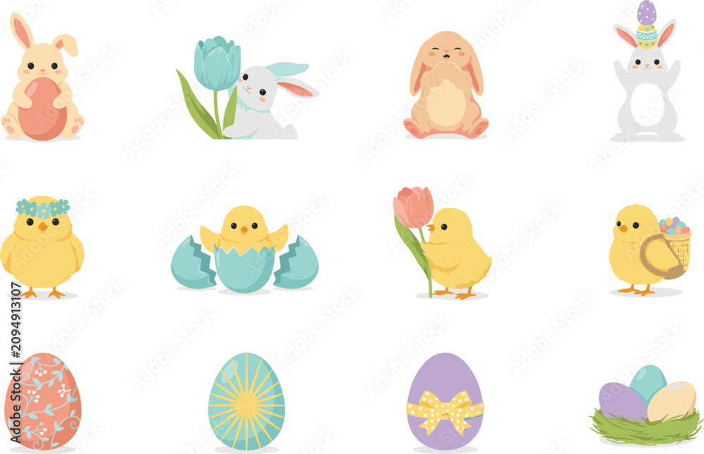 Obraz premium Cute Easter Vector Icon Set Featuring Little Bunnies Yellow Chicks Hatching from Eggs Tulip Flowers and Decorated Pastel Easter Eggs with Ribbon Bows