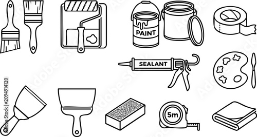 Professional painting and renovation tools outline icon set with painting renovation construction equipment