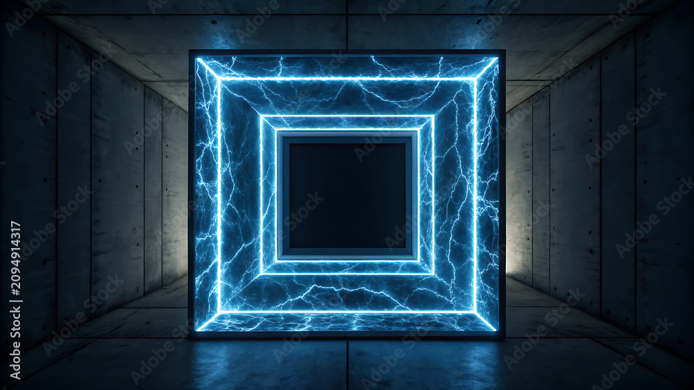 Obraz premium Futuristic digital portal glowing in dark space. Neon blue grid tunnel with electric energy effects. High-tech virtual gateway for innovation and c...