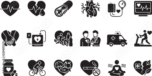 Bild auf Leinwand Heart health and cardiovascular care medical icons collection featuring wellness