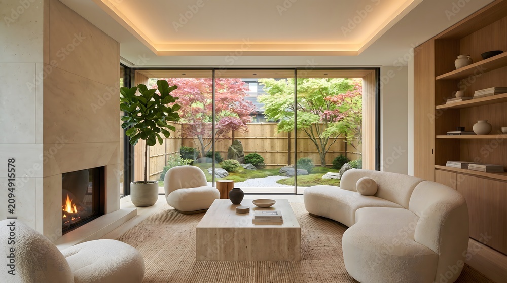 Fototapeta premium Modern Japandi Living Room with Stone Fireplace and Autumn Zen Garden View