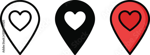 Fotografie Three distinct map pointer location icons featuring heart symbols rendered as a