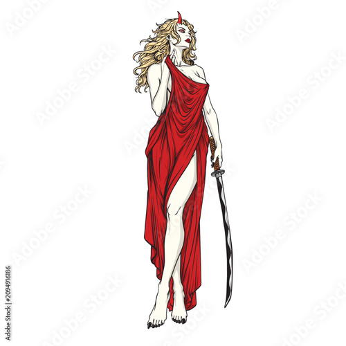 Mystical Oni Woman with Katana in Flowing Red Draped Dress – Japanese Demon Female Vector Illustration