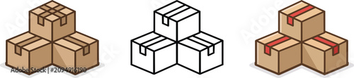 Three variations of isometric cardboard delivery box piles designed as a clean vector graphic illustration shown on transparent background
