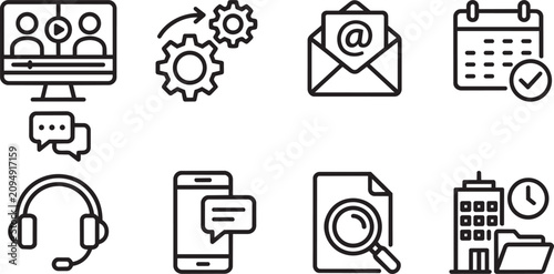 Minimalist vector graphic set depicting essential business communication and productivity icons rendered in clean black lines on transparent background