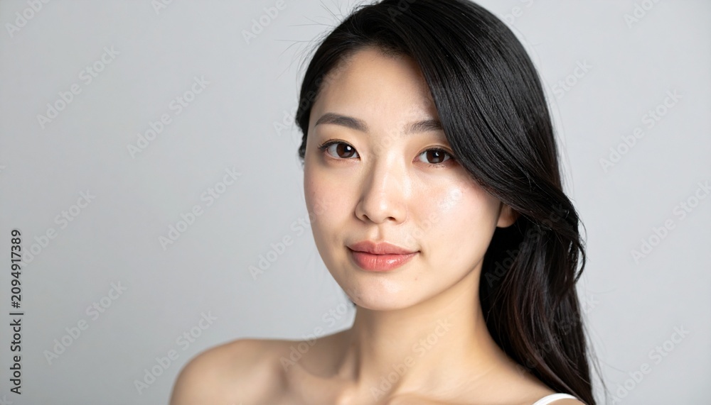 Fototapeta premium 医療スキンケアイメージ・敏感肌の日本人女性のノーメイクビューティーポートレート（グレー背景）, Japanese Woman Sensitive Skin Medical Skincare No Makeup Beauty Portrait Gray Background Copy Space
