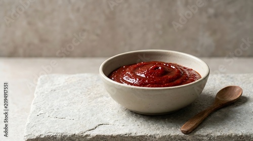 Fresh red berry jam in a white ceramic bowl with a wooden spoon. Gochujang cooking guide