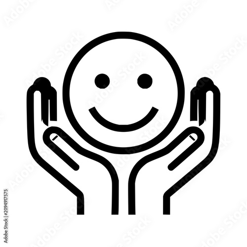 Smiling Face Protected by Hands, Black Outline on White Background