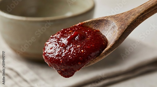 A wooden spoon holding a thick portion of dark red gochujang chili paste. Gochujang cooking guide