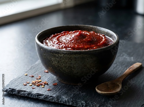 Healthy berry smoothie bowl with oatmeal and seeds in a black bowl on a dark stone board. Gochujang cooking guide