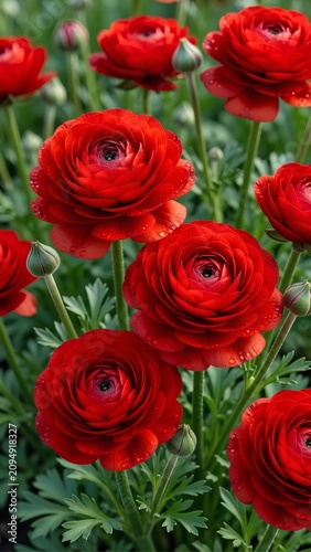A stunning, high-resolution portrait of lush, layered bright red ranunculus flowers, showcasing their intricate, ruffled petal structure and vibrant color.
