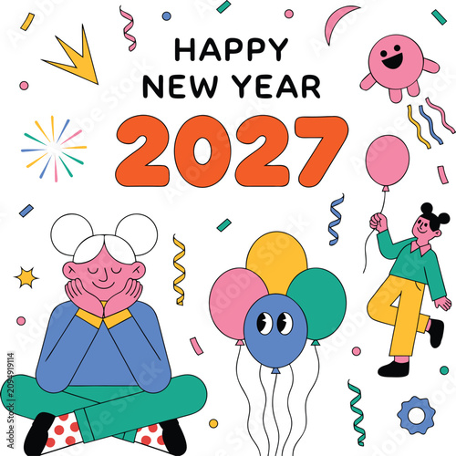Celebrate the arrival of 2027 with this elegant Happy New Year vector illustration featuring luxurious golden typography, sparkling fireworks, glitter, and festive confetti. Perfect for greeting cards