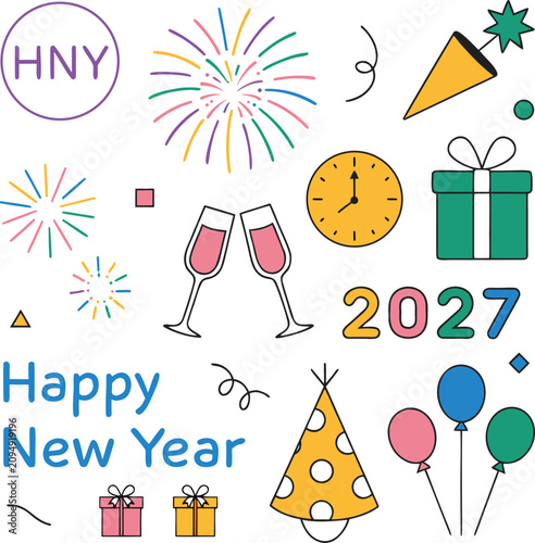 Celebrate the arrival of 2027 with this elegant Happy New Year vector illustration featuring luxurious golden typography, sparkling fireworks, glitter, and festive confetti. Perfect for greeting cards