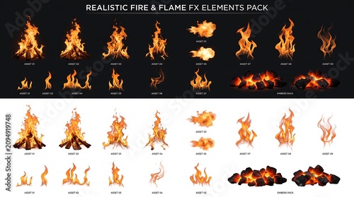 Obraz na plátně Set of realistic fire and flame special effects elements