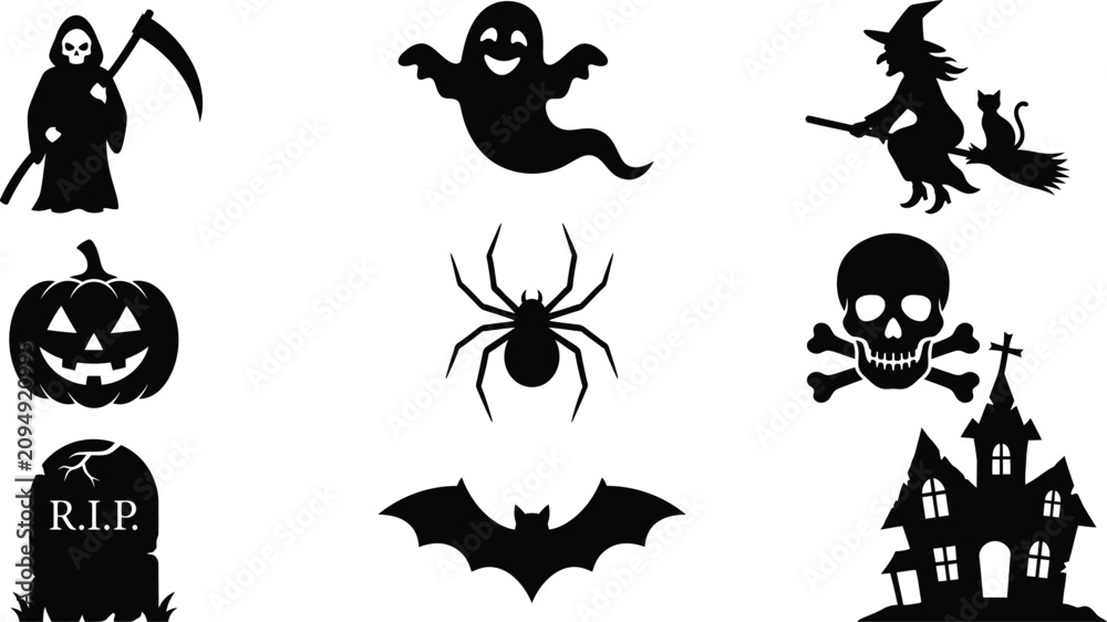 Fototapeta premium Halloween set featuring black silhouettes of a grim reaper ghost witch on a broomstick jack o lantern spider skull and crossbones tombstone bat and a haunted house on a white background