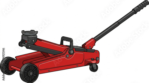 Red hydraulic floor jack for car repair isolated on white background