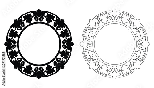 Frames Round Set with Ornate Black Floral Patterns and Stylized Leaves, Perfect for Elegant Designs.