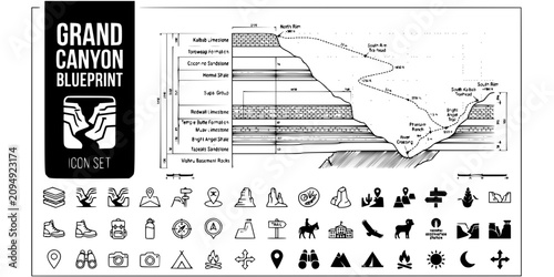 Принти на полотні Grand Canyon Travel Blueprint Black White-Layer Stratification Trail Route Secti