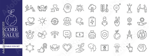 Tableau sur toile Core Values Outline Icon Set with Integrity, Leadership, Teamwork, Ethics, Trust