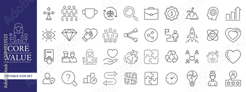 Canvas Print Core Values Outline Icon Set with Integrity, Leadership, Teamwork, Ethics, Trust