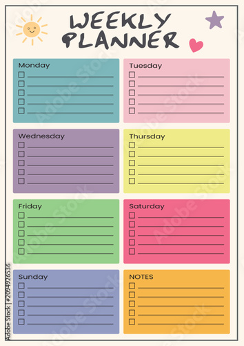 Cute, colorful weekly planner template with days of the week, checkboxes, lines, and a notes section for organizing schedules.