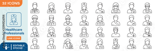 Foto 32 Healthcare Professionals Vector Outline Icons Set – Doctors, Nurses, Medical