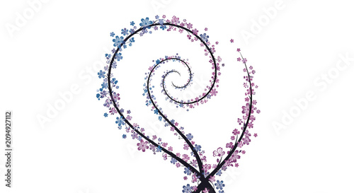 Enchanting spiral tree design featuring thin black branches covered in delicate blue and purple floral blooms for a fantasy art concept.