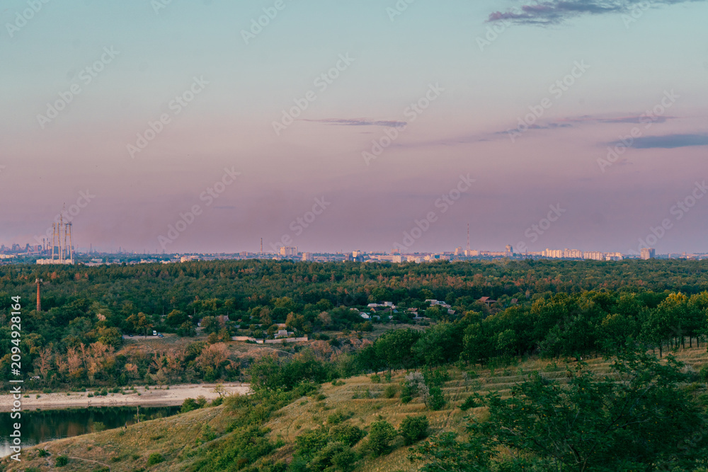 Fototapeta premium Panoramic view of a green forest canopy stretching towards a distant city skyline at dusk