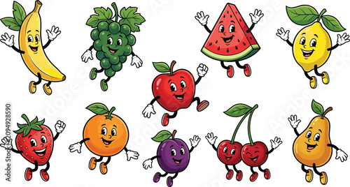 Retro Cartoon Fruit Characters Jumping with Arms and Legs, Banana Grapes Watermelon Lemon Strawberry Orange Plum Cherry Pear Vector Set