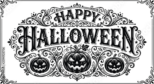 Vintage halloween day illustration with jack o' lanterns and ornate typography