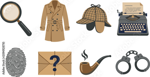 Vintage detective and investigator vector icon set featuring magnifying glass trench coat deerstalker hat typewriter fingerprint mystery letter pipe and handcuffs