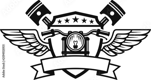 Vintage Motorcycle Emblem with Wings and Laurel Wreath in Monochrome Line Art Style, Motorcycle engine pistons vector silhouette logo