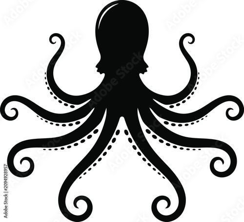 Black Octopus Silhouette Vector Illustration on transparent Background Minimalist Style