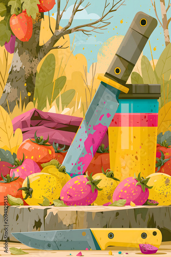 stylized, colorful illustration features a survival knife smeared with juice, leaning against a thermos among vibrant tomatoes and strawberries on a tree stump in an autumn forest setting