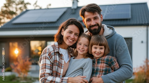 Happy Family in Front of Modern Home with Solar Roof - Soft Lighting Variation