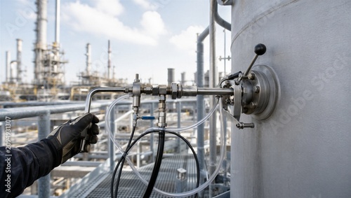 Engineer hand inserting gas sampling probe into industrial exhaust stack for environmental emission monitoring. Technical specialist testing air quality at refinery oil plant facility.