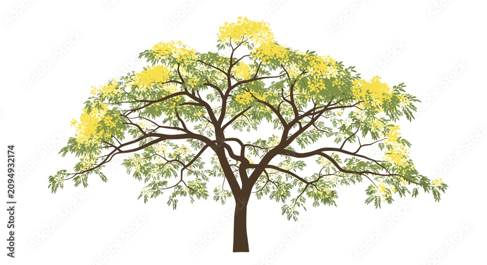 Obraz premium Majestic broad tree with a dark trunk and spreading branches covered in bright yellow flower clusters and small green leaves.