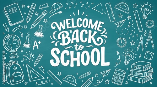 Back to school chalkboard welcome sign. Hand-drawn educational doodles and school supplies on blackboard. Classroom or office motivational banner f...