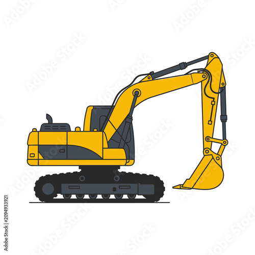 Yellow crawler excavator vector illustration, heavy construction machinery digger icon isolated on white
