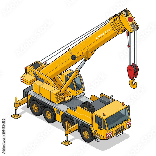 Isometric Illustration of a Heavy Duty Yellow Mobile Crane for Construction and Industrial Lifting