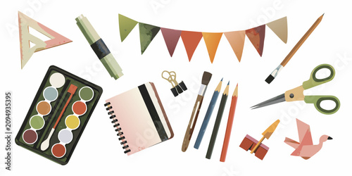 Watercolor art supplies arrangement on a white background