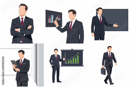 Set of flat vector illustrations of a professional businessman in various corporate poses and office scenarios