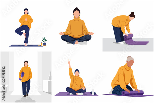 Set of minimalist flat vector illustrations of a woman practicing yoga, meditation and mindfulness at home