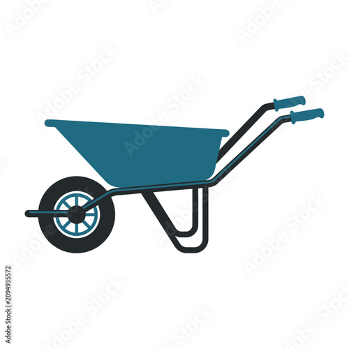 Blue garden wheelbarrow flat icon for construction and agricultural works isolated on white background
