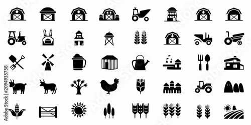 Fotografía Farm Agriculture Icons Black Silhouette Set On White Background
