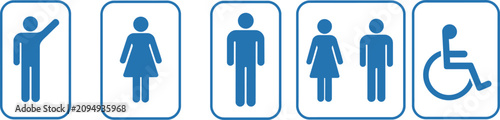 Set of blue restroom and accessibility signage