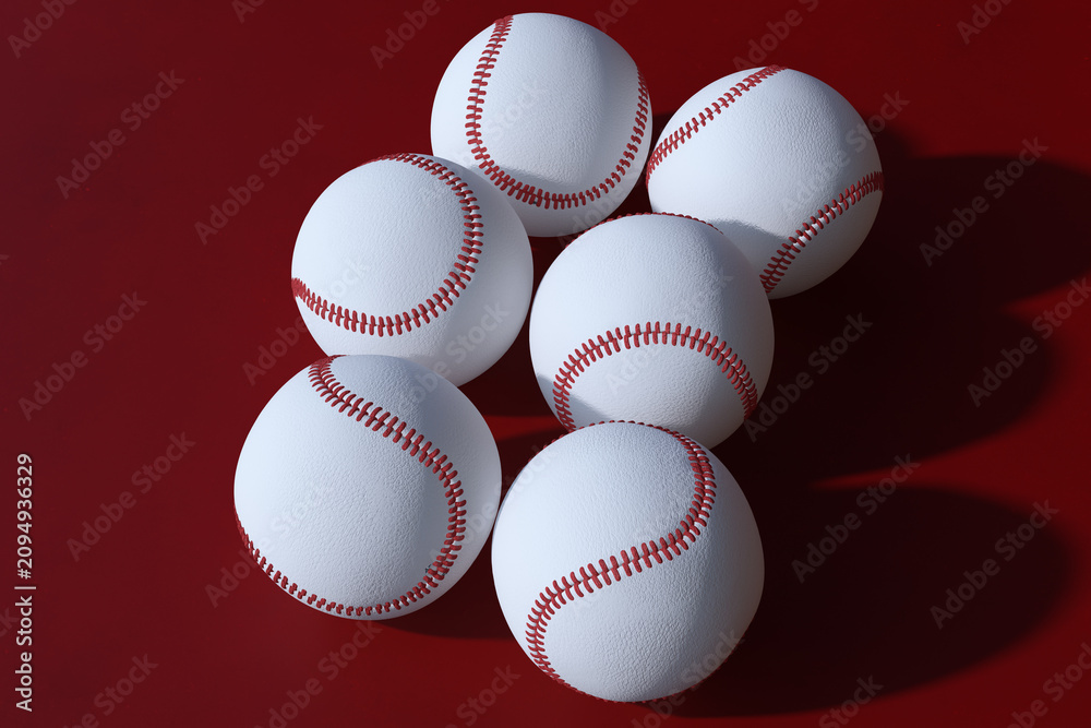 Fototapeta premium Group of six white baseballs with classic red stitching arranged on dark red background, showing team sport equipment and championship game theme. 3D Rendering