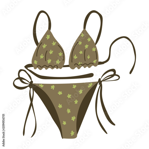Принти на полотні Brown floral bikini set featuring a triangle top and tie-side bottom with green